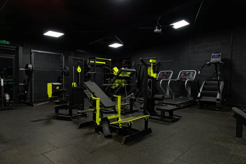 Lower body zone with squat rack, smith machine, and lifting platform